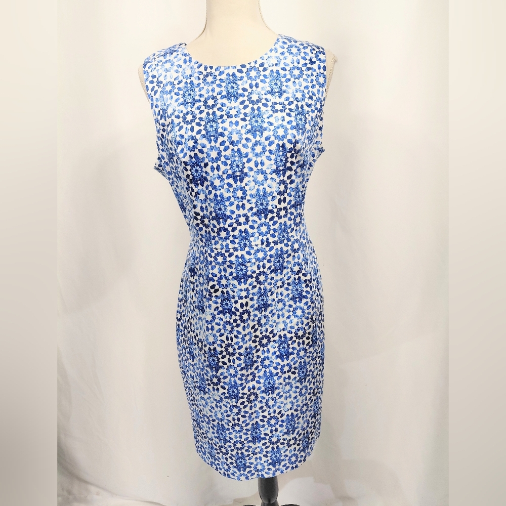 Calvin Klein Blue Geometric Print Sleeveless Sheath Dress